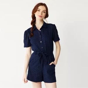 Draper James rsvp navy blue eyelet short sleeved button up romper M
